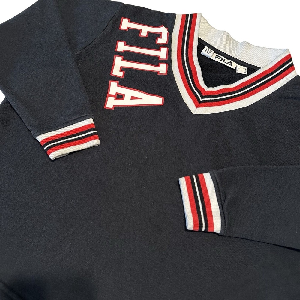 Vintage FILA Spelled Out V Neck Sweatshirt Women's Medium Blue And Red Sweater